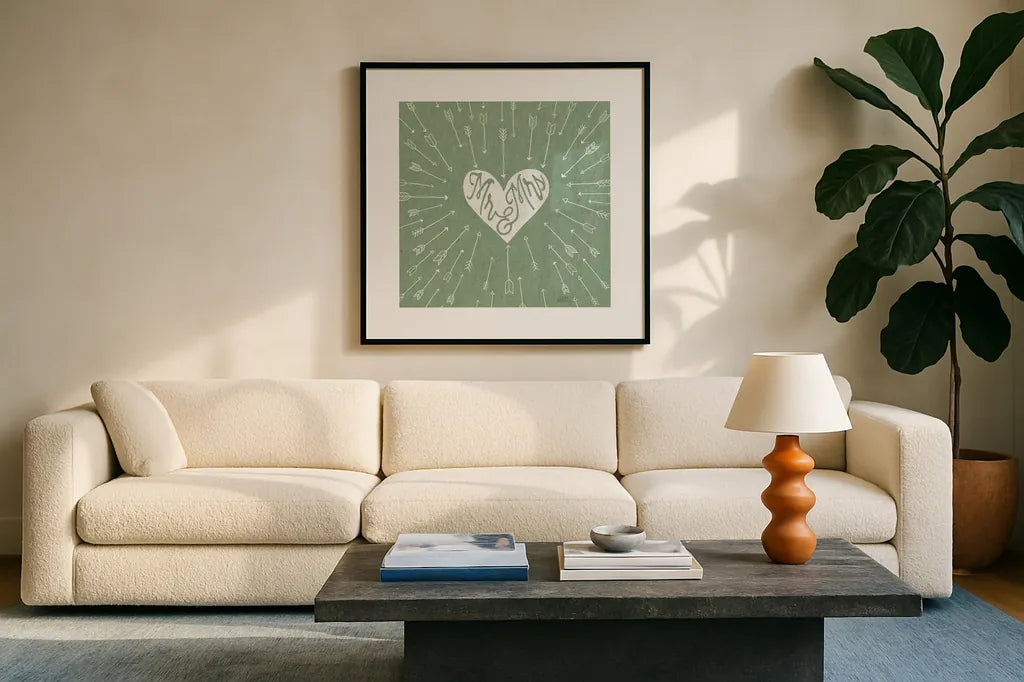 Lovestruck I Sq by Laura Marshall. Displayed in a glass frame with matte in a clean modern living room. Available as an archival giclee rolled canvas, fine art paper, or poster print. SKU 55627a.
