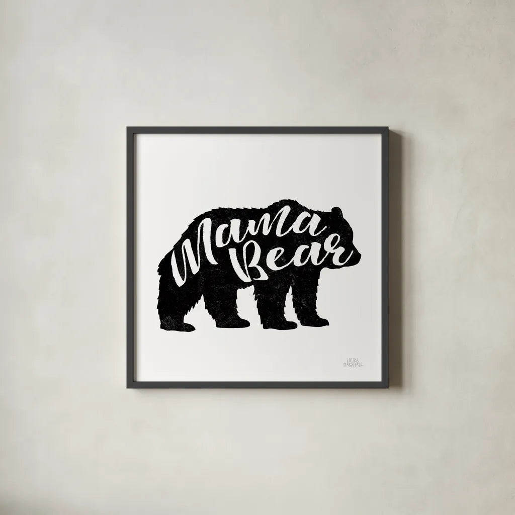 Mama Bear by Laura Marshall. Shown in a sleek black glass frame for a contemporary gallery look. Available as an archival giclee rolled canvas, fine art paper, or poster print. SKU 45441a.