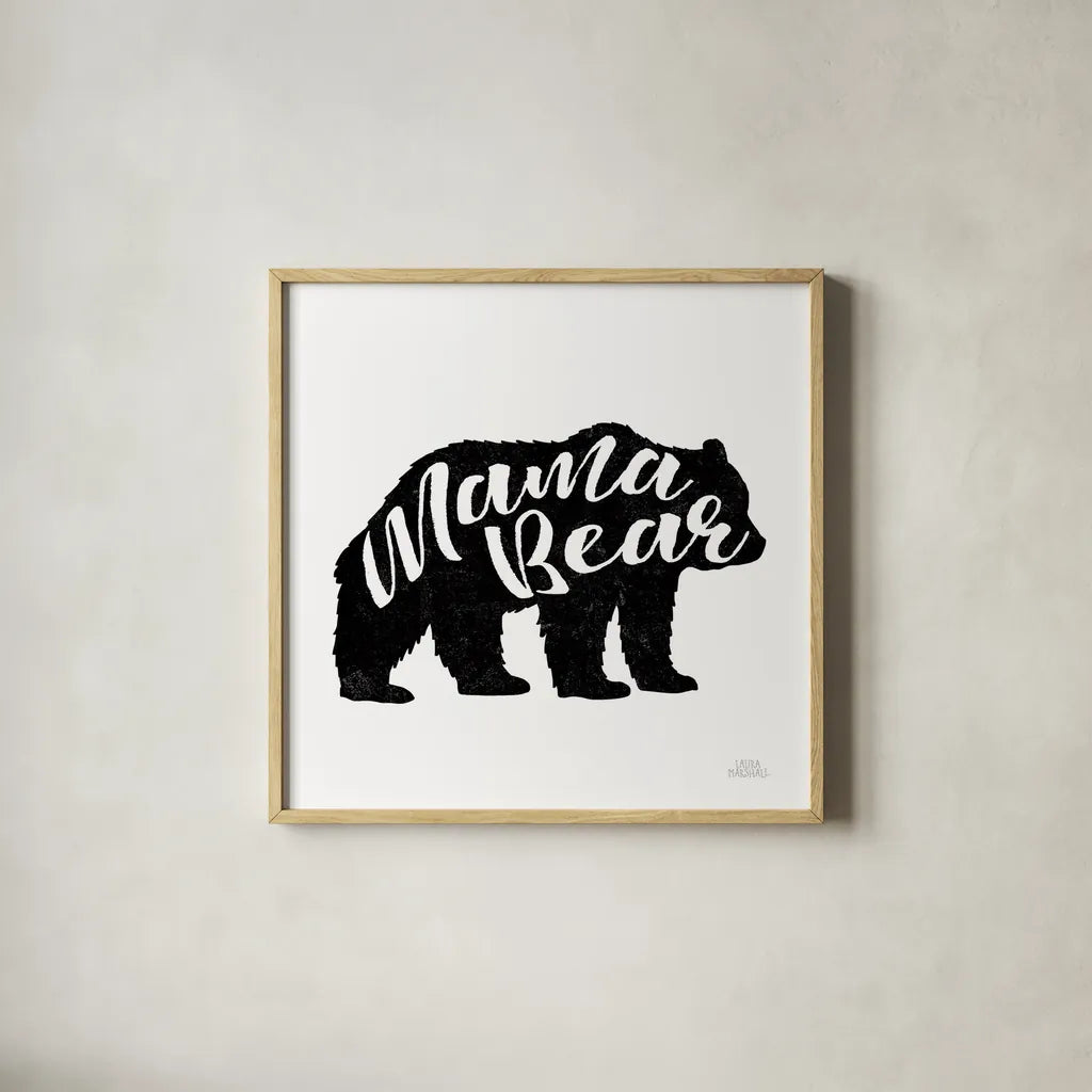 Mama Bear by Laura Marshall. Shown in a natural wood glass frame for a timeless modern aesthetic. Available as an archival giclee rolled canvas, fine art paper, or poster print. SKU 45441a.