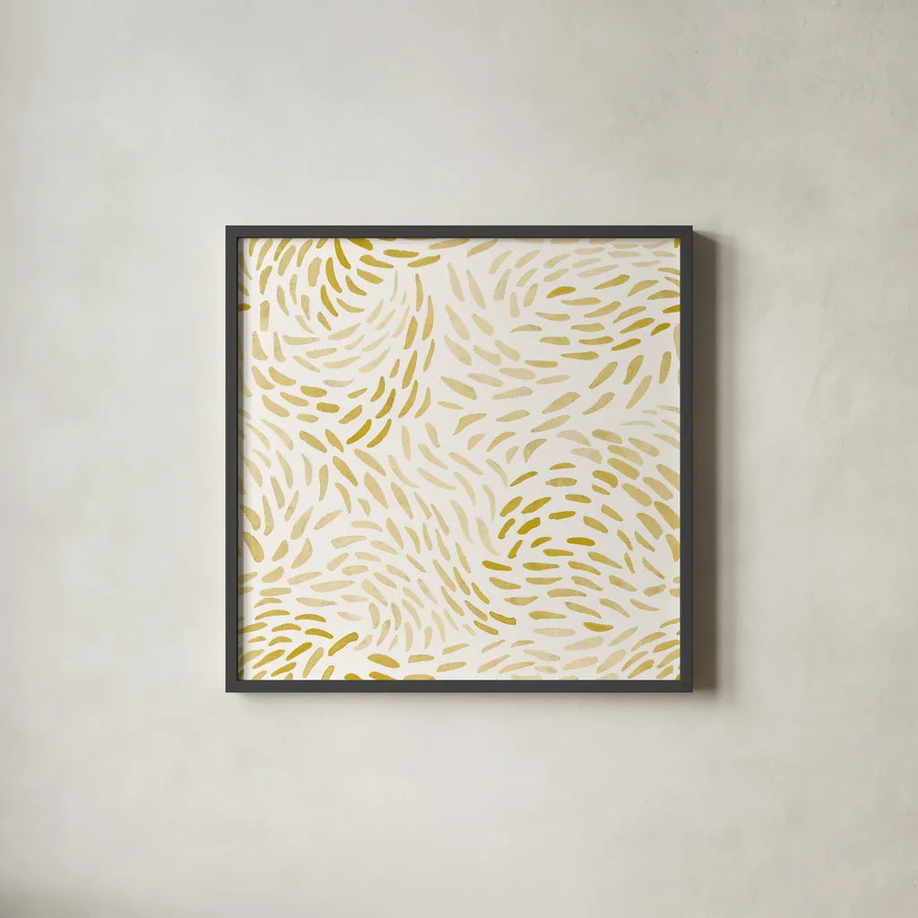 Meadow Breeze Pattern V gold by Laura Marshall. Shown in a sleek black glass frame for a contemporary gallery look. Available as an archival giclee rolled canvas, fine art paper, or poster print. SKU 36909a.