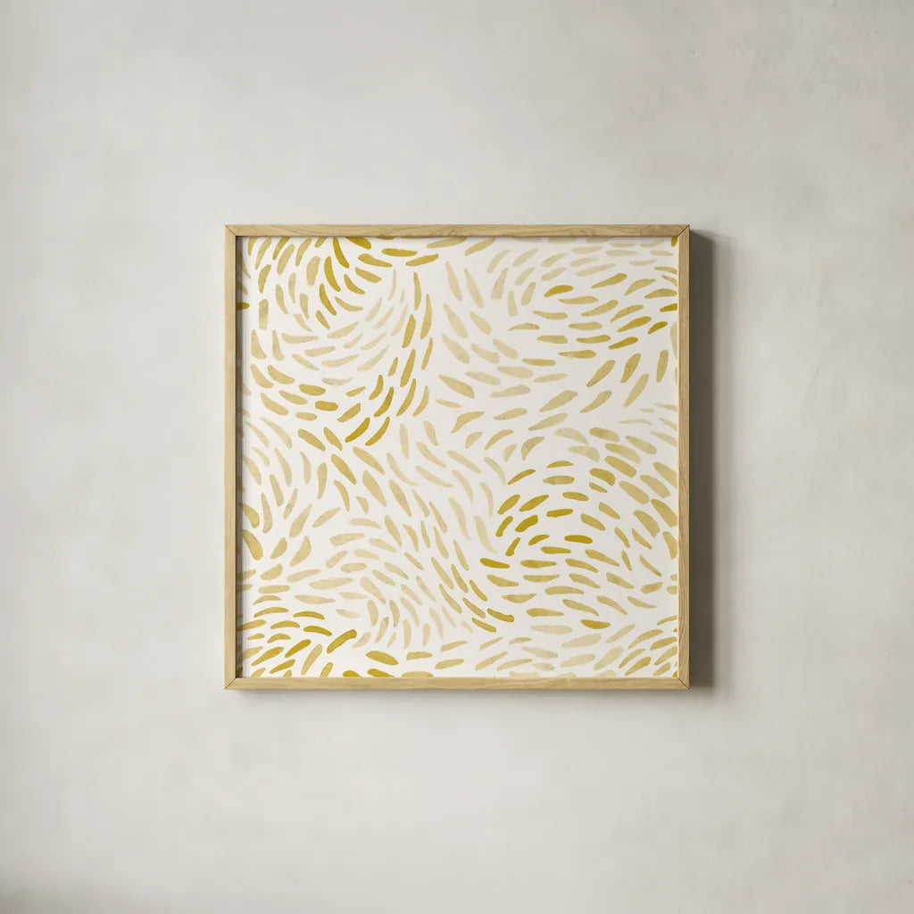 Meadow Breeze Pattern V gold by Laura Marshall. Shown in a natural wood glass frame for a timeless modern aesthetic. Available as an archival giclee rolled canvas, fine art paper, or poster print. SKU 36909a.