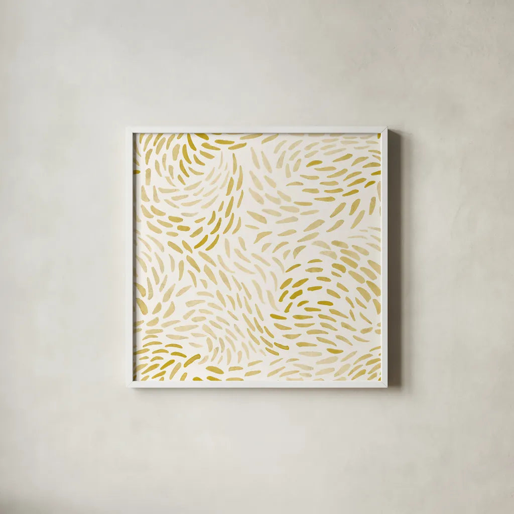 Meadow Breeze Pattern V gold by Laura Marshall. Shown in a crisp white glass frame for a clean and minimalist style. Available as an archival giclee rolled canvas, fine art paper, or poster print. SKU 36909a.
