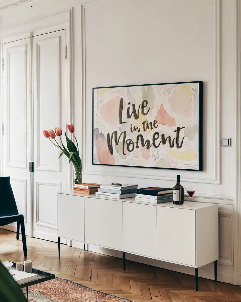 Meadow Breeze VI by Laura Marshall. shown as a framed stretched canvas in a living room above a console. Available as a archival giclee rolled canvas, fine art paper, or poster print. SKU 34906i.