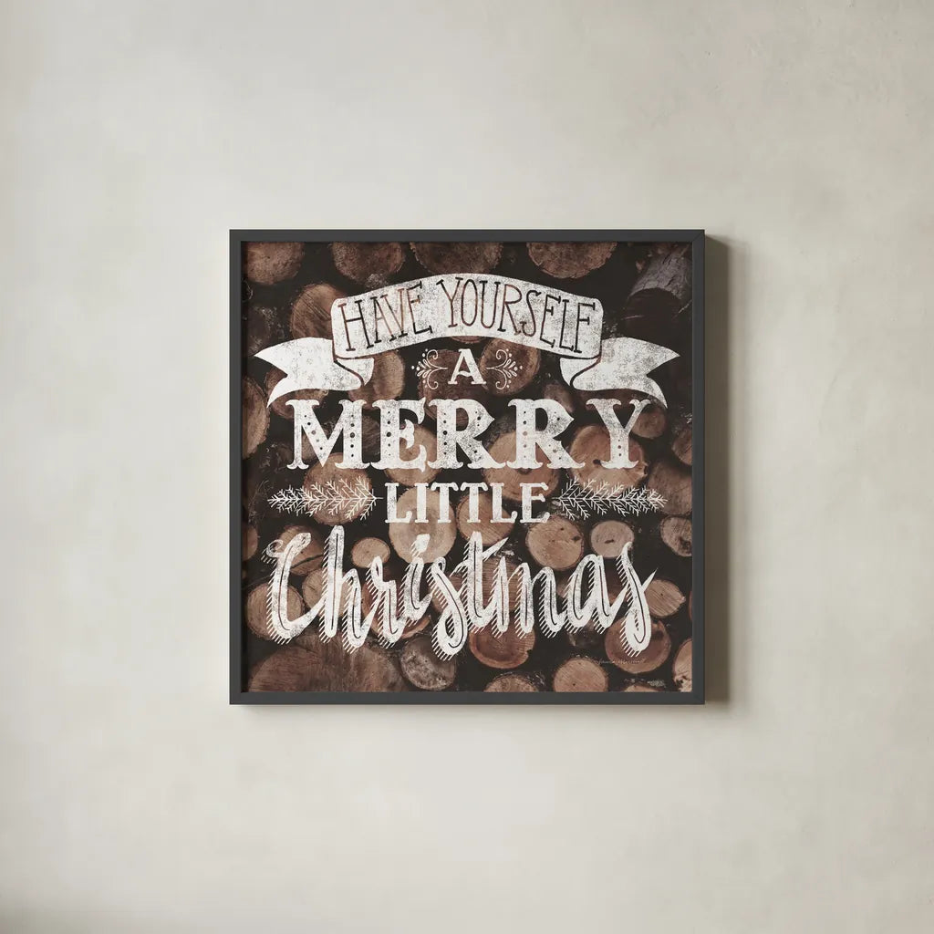 Merry Little Christmas Neutral by Laura Marshall. Shown in a sleek black glass frame for a contemporary gallery look. Available as an archival giclee rolled canvas, fine art paper, or poster print. SKU 37355a.