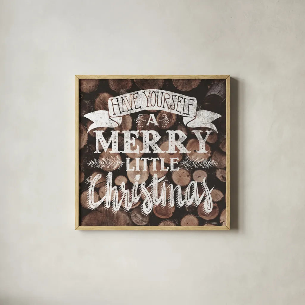 Merry Little Christmas Neutral by Laura Marshall. Shown in a natural wood glass frame for a timeless modern aesthetic. Available as an archival giclee rolled canvas, fine art paper, or poster print. SKU 37355a.