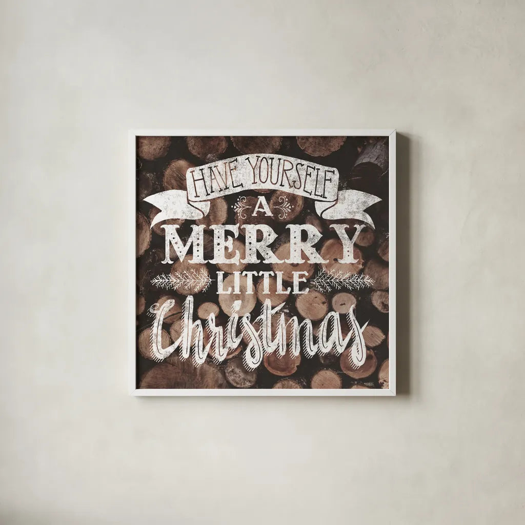 Merry Little Christmas Neutral by Laura Marshall. Shown in a crisp white glass frame for a clean and minimalist style. Available as an archival giclee rolled canvas, fine art paper, or poster print. SKU 37355a.