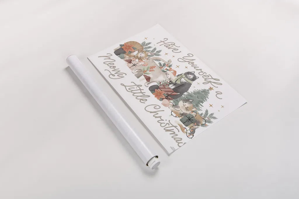 Merry Meows I by Laura Marshall. shown as a rolled paper print. Available as archival giclee rolled canvas, fine art paper, or poster print. SKU 100369i.