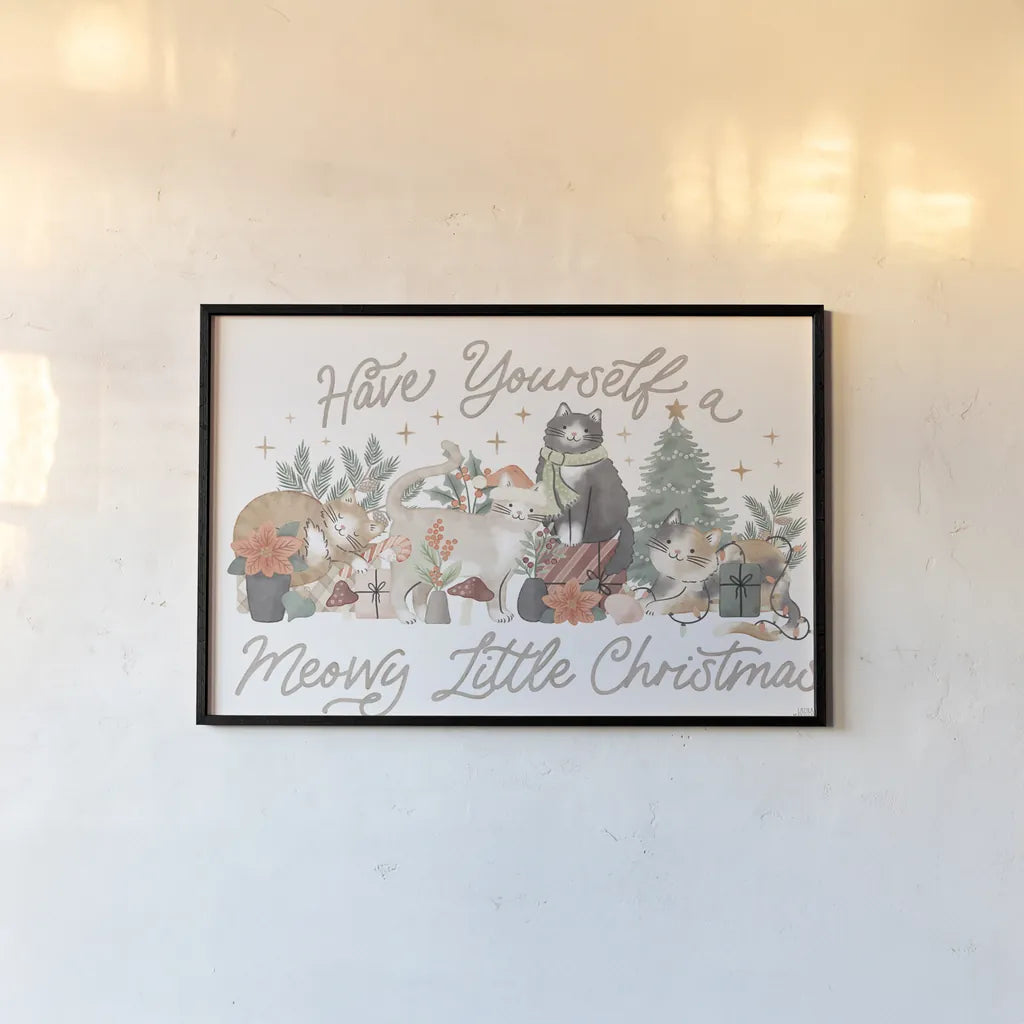 Merry Meows I by Laura Marshall. shown as a paper print in a black flame. Available as a archival giclee rolled canvas, fine art paper, or poster print. SKU 100369i.