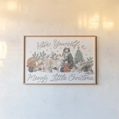 Merry Meows I by Laura Marshall. shown as a paper print in a natural frame. Available as a archival giclee rolled canvas, fine art paper, or poster print. SKU 100369i.