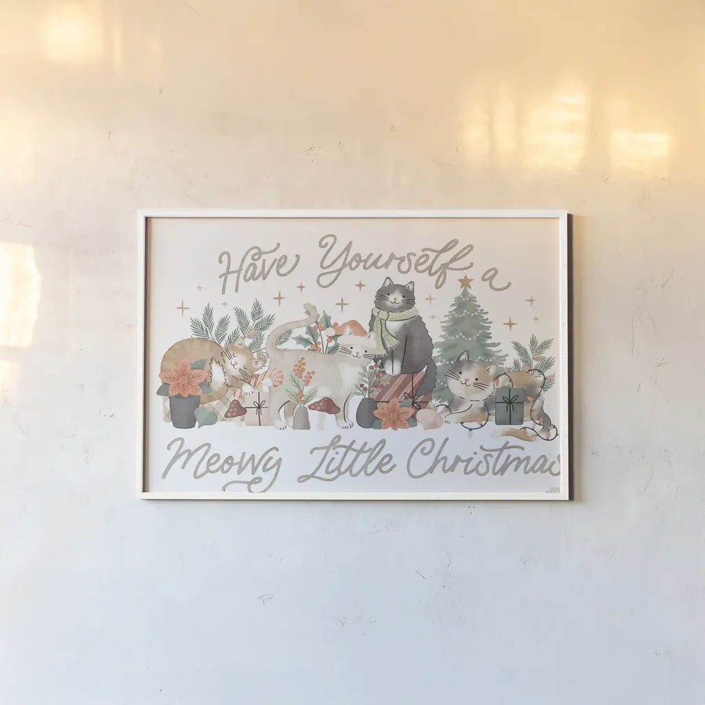 Merry Meows I by Laura Marshall. shown as a paper print in a white frame. Available as a archival giclee rolled canvas, fine art paper, or poster print. SKU 100369i.