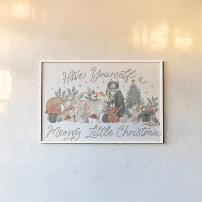 Merry Meows I by Laura Marshall. shown as a paper print in a white frame. Available as a archival giclee rolled canvas, fine art paper, or poster print. SKU 100369i.