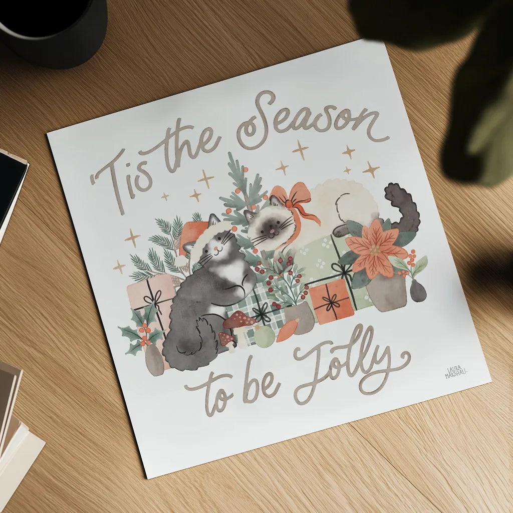 Merry Meows II by Laura Marshall. Shown as a detailed flat fine art print, highlighting archival giclee quality. Available as an archival giclee rolled canvas, fine art paper, or poster print. SKU 100370a.