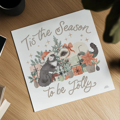 Merry Meows II by Laura Marshall. Shown as a detailed flat fine art print, highlighting archival giclee quality. Available as an archival giclee rolled canvas, fine art paper, or poster print. SKU 100370a.