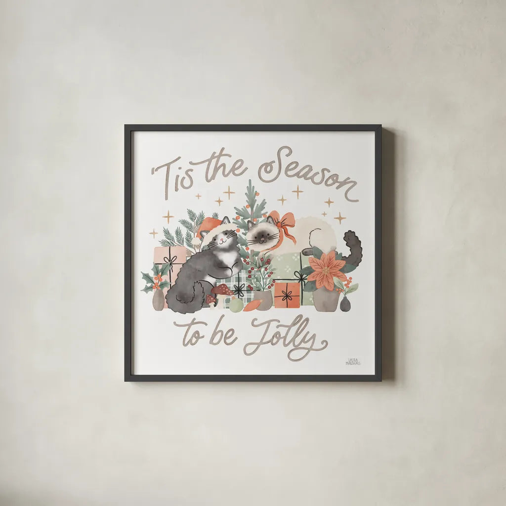 Merry Meows II by Laura Marshall. Shown in a sleek black glass frame for a contemporary gallery look. Available as an archival giclee rolled canvas, fine art paper, or poster print. SKU 100370a.
