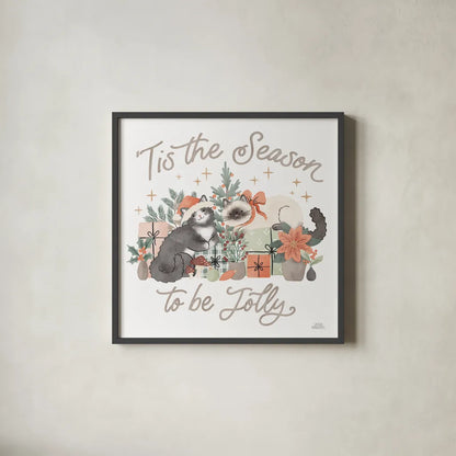 Merry Meows II by Laura Marshall. Shown in a sleek black glass frame for a contemporary gallery look. Available as an archival giclee rolled canvas, fine art paper, or poster print. SKU 100370a.