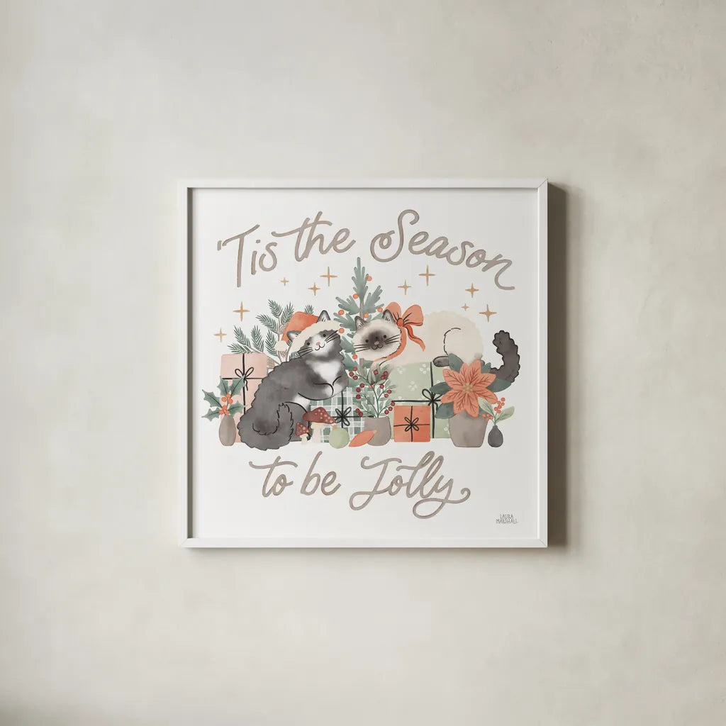 Merry Meows II by Laura Marshall. Shown in a crisp white glass frame for a clean and minimalist style. Available as an archival giclee rolled canvas, fine art paper, or poster print. SKU 100370a.