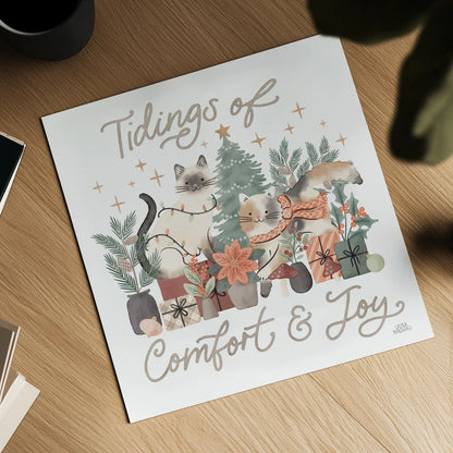 Merry Meows III by Laura Marshall. Shown as a detailed flat fine art print, highlighting archival giclee quality. Available as an archival giclee rolled canvas, fine art paper, or poster print. SKU 100371a.