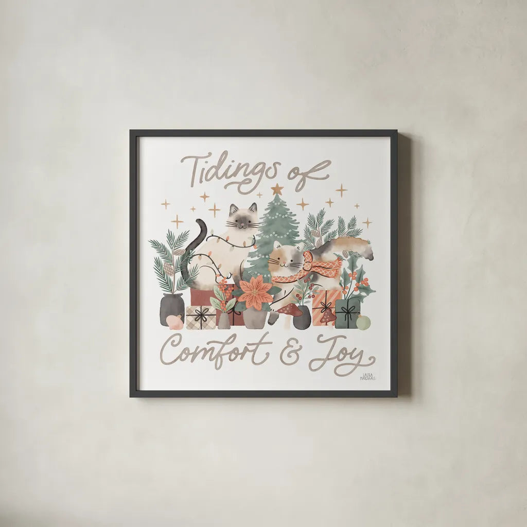 Merry Meows III by Laura Marshall. Shown in a sleek black glass frame for a contemporary gallery look. Available as an archival giclee rolled canvas, fine art paper, or poster print. SKU 100371a.