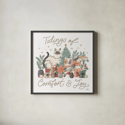 Merry Meows III by Laura Marshall. Shown in a sleek black glass frame for a contemporary gallery look. Available as an archival giclee rolled canvas, fine art paper, or poster print. SKU 100371a.