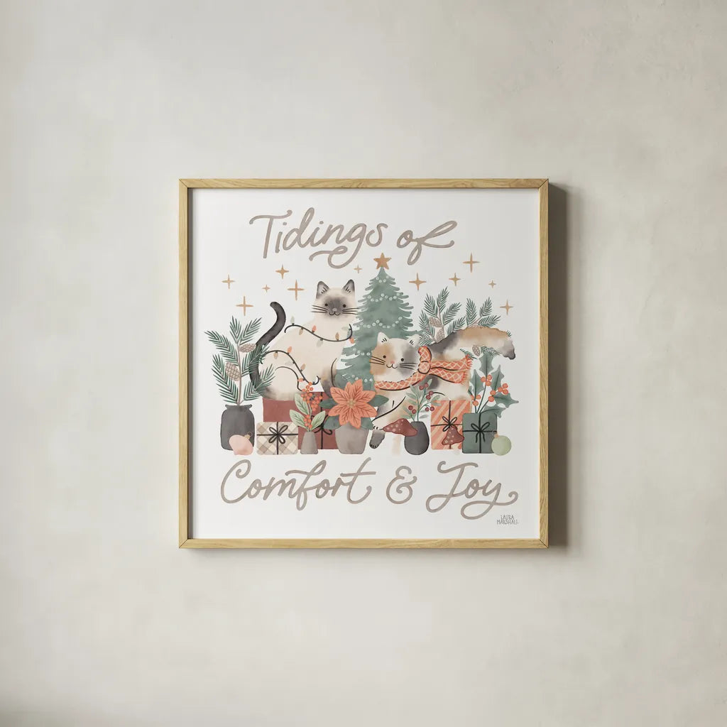 Merry Meows III by Laura Marshall. Shown in a natural wood glass frame for a timeless modern aesthetic. Available as an archival giclee rolled canvas, fine art paper, or poster print. SKU 100371a.