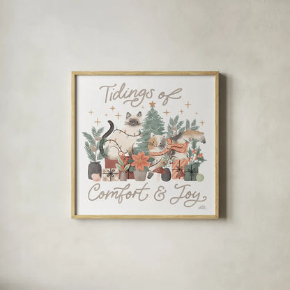 Merry Meows III by Laura Marshall. Shown in a natural wood glass frame for a timeless modern aesthetic. Available as an archival giclee rolled canvas, fine art paper, or poster print. SKU 100371a.