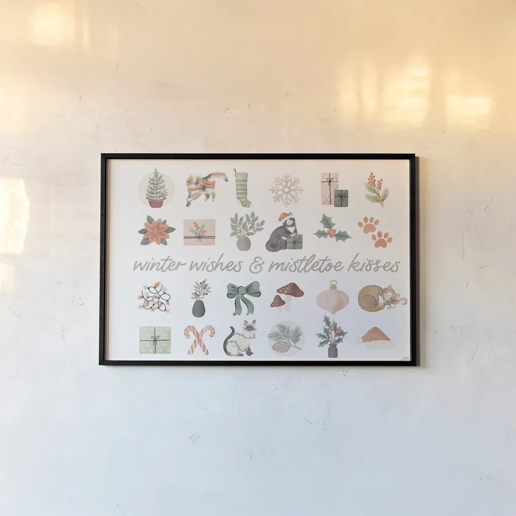 Merry Meows IV by Laura Marshall. shown as a paper print in a black flame. Available as a archival giclee rolled canvas, fine art paper, or poster print. SKU 100372i.