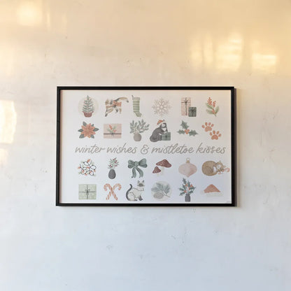 Merry Meows IV by Laura Marshall. shown as a paper print in a black flame. Available as a archival giclee rolled canvas, fine art paper, or poster print. SKU 100372i.