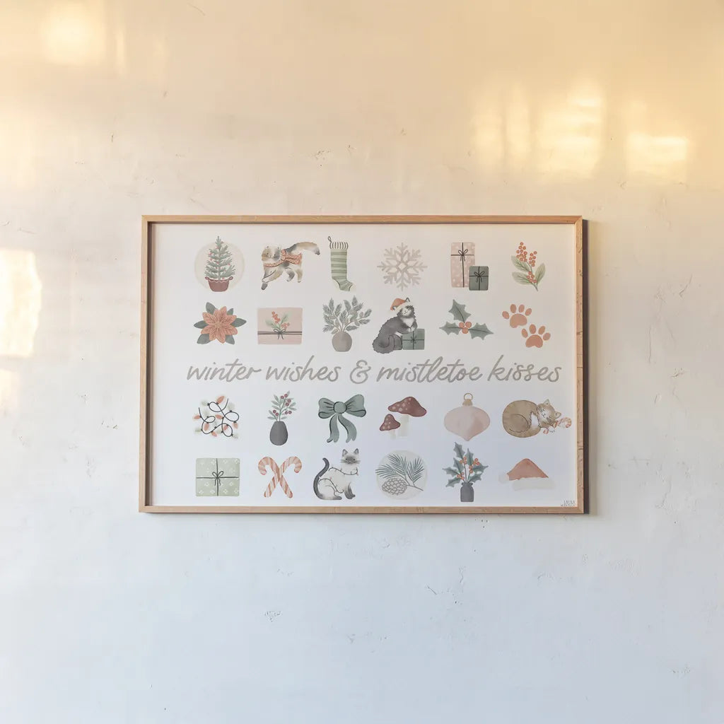 Merry Meows IV by Laura Marshall. shown as a paper print in a natural frame. Available as a archival giclee rolled canvas, fine art paper, or poster print. SKU 100372i.