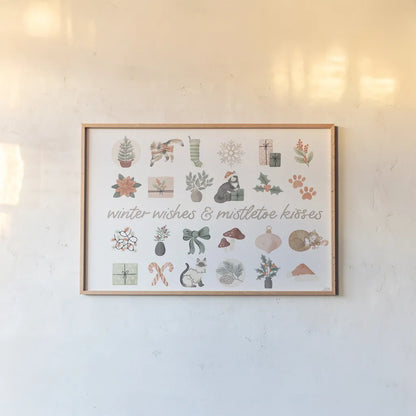 Merry Meows IV by Laura Marshall. shown as a paper print in a natural frame. Available as a archival giclee rolled canvas, fine art paper, or poster print. SKU 100372i.