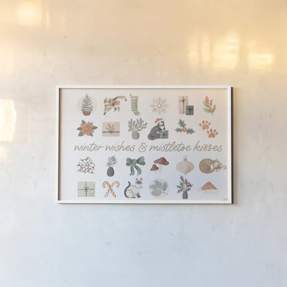 Merry Meows IV by Laura Marshall. shown as a paper print in a white frame. Available as a archival giclee rolled canvas, fine art paper, or poster print. SKU 100372i.