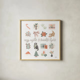 Merry Meows V by Laura Marshall. Shown in a natural wood glass frame for a timeless modern aesthetic. Available as an archival giclee rolled canvas, fine art paper, or poster print. SKU 100373a.