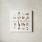 Merry Meows V by Laura Marshall. Shown in a crisp white glass frame for a clean and minimalist style. Available as an archival giclee rolled canvas, fine art paper, or poster print. SKU 100373a.