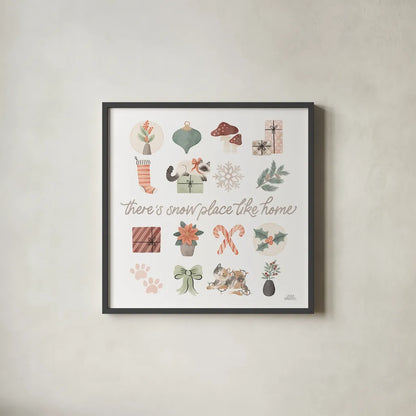 Merry Meows VI by Laura Marshall. Shown in a sleek black glass frame for a contemporary gallery look. Available as an archival giclee rolled canvas, fine art paper, or poster print. SKU 100374a.