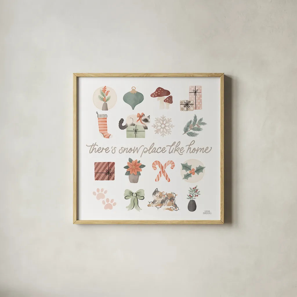 Merry Meows VI by Laura Marshall. Shown in a natural wood glass frame for a timeless modern aesthetic. Available as an archival giclee rolled canvas, fine art paper, or poster print. SKU 100374a.