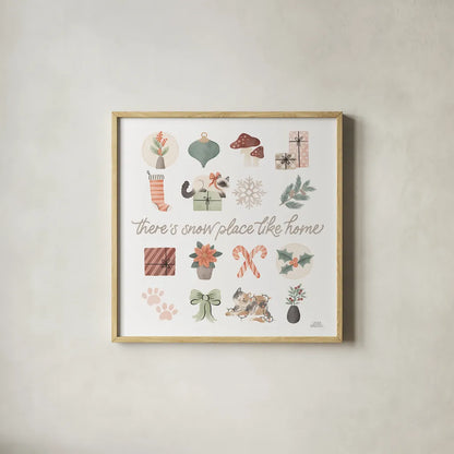 Merry Meows VI by Laura Marshall. Shown in a natural wood glass frame for a timeless modern aesthetic. Available as an archival giclee rolled canvas, fine art paper, or poster print. SKU 100374a.