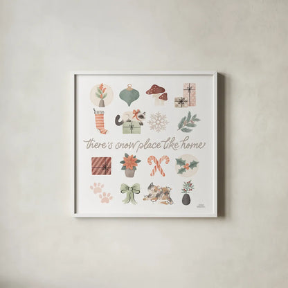 Merry Meows VI by Laura Marshall. Shown in a crisp white glass frame for a clean and minimalist style. Available as an archival giclee rolled canvas, fine art paper, or poster print. SKU 100374a.