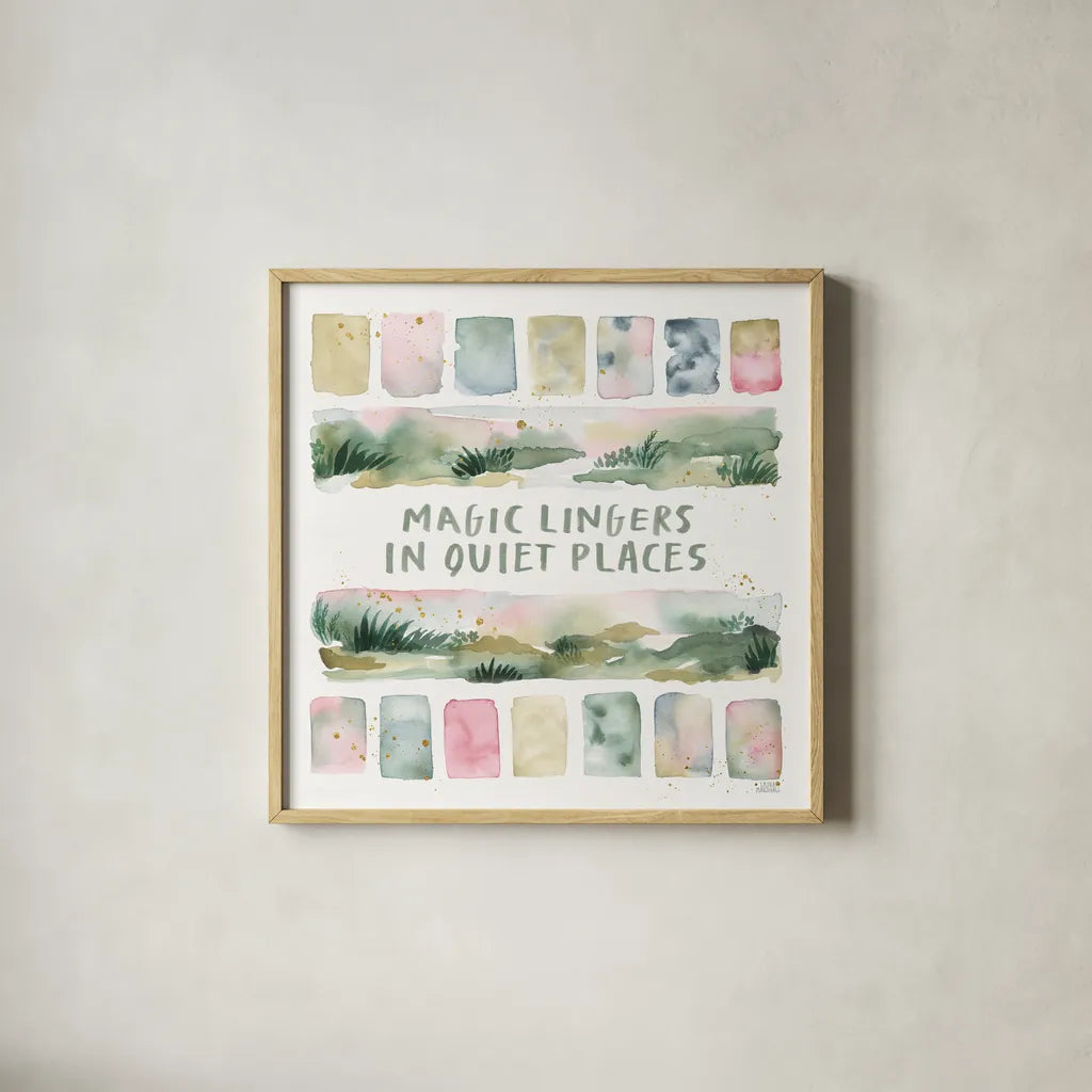 Midsummer Meadow II by Laura Marshall. Shown in a natural wood glass frame for a timeless modern aesthetic. Available as an archival giclee rolled canvas, fine art paper, or poster print. SKU 101331a.