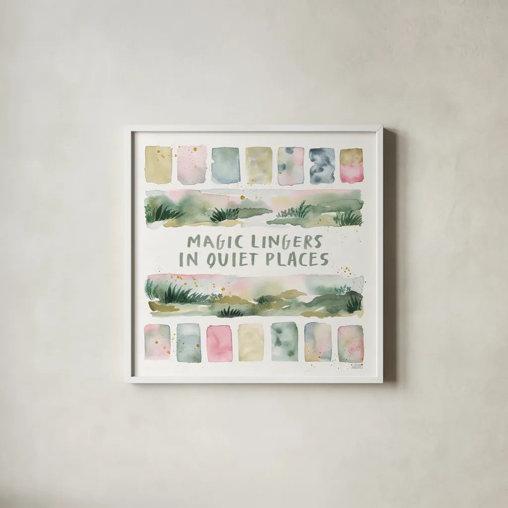 Midsummer Meadow II by Laura Marshall. Shown in a crisp white glass frame for a clean and minimalist style. Available as an archival giclee rolled canvas, fine art paper, or poster print. SKU 101331a.