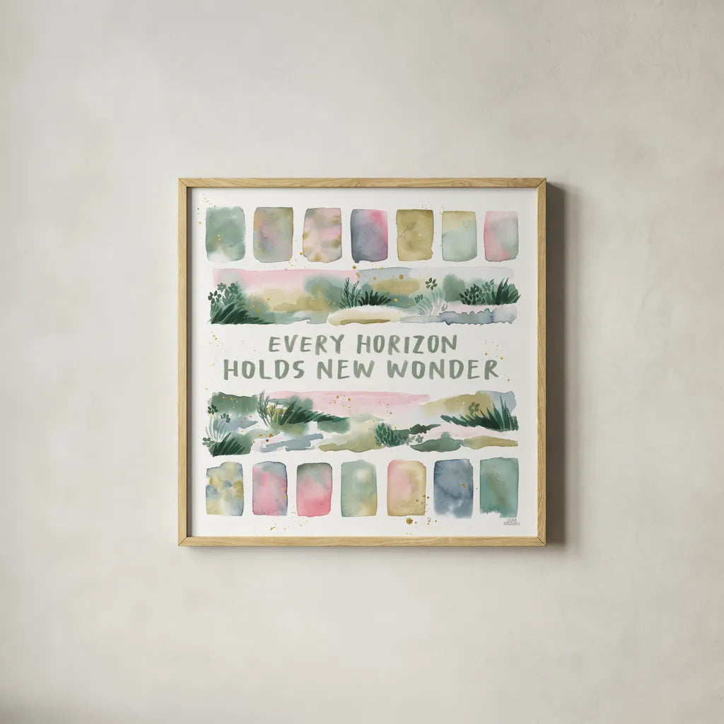 Midsummer Meadow III by Laura Marshall. Shown in a natural wood glass frame for a timeless modern aesthetic. Available as an archival giclee rolled canvas, fine art paper, or poster print. SKU 101332a.