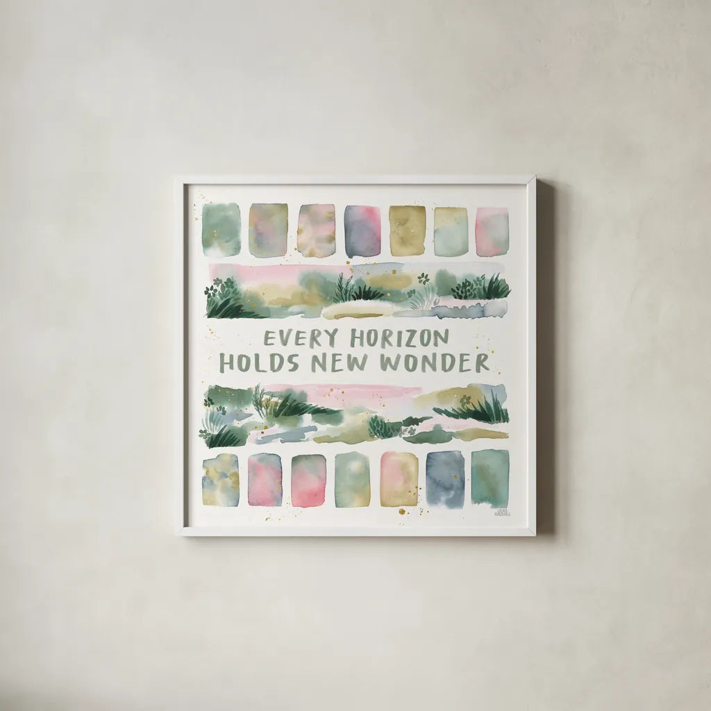 Midsummer Meadow III by Laura Marshall. Shown in a crisp white glass frame for a clean and minimalist style. Available as an archival giclee rolled canvas, fine art paper, or poster print. SKU 101332a.