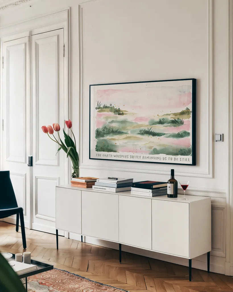 Midsummer Meadow IV by Laura Marshall. shown as a framed stretched canvas in a living room above a console. Available as a archival giclee rolled canvas, fine art paper, or poster print. SKU 101333i.