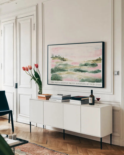 Midsummer Meadow IV by Laura Marshall. shown as a framed stretched canvas in a living room above a console. Available as a archival giclee rolled canvas, fine art paper, or poster print. SKU 101333i.