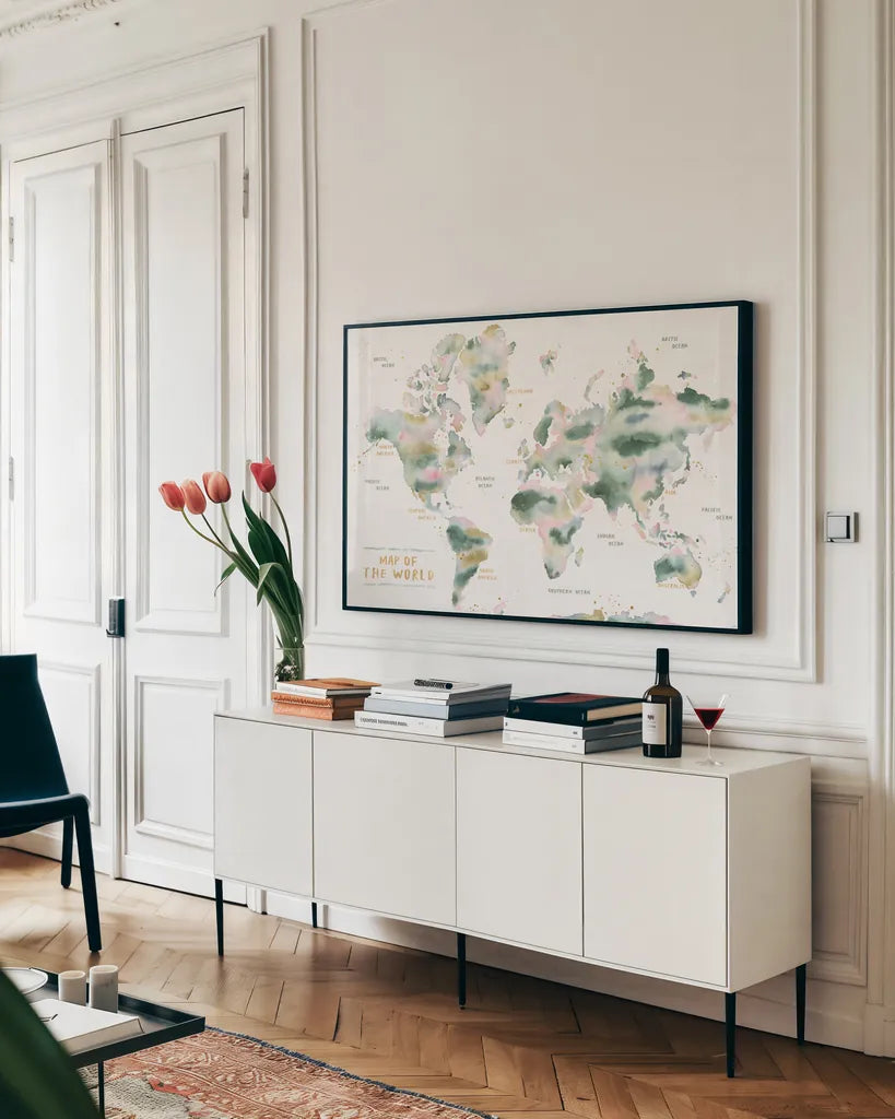 Midsummer Meadow Map by Laura Marshall. shown as a framed stretched canvas in a living room above a console. Available as a archival giclee rolled canvas, fine art paper, or poster print. SKU 101336i.