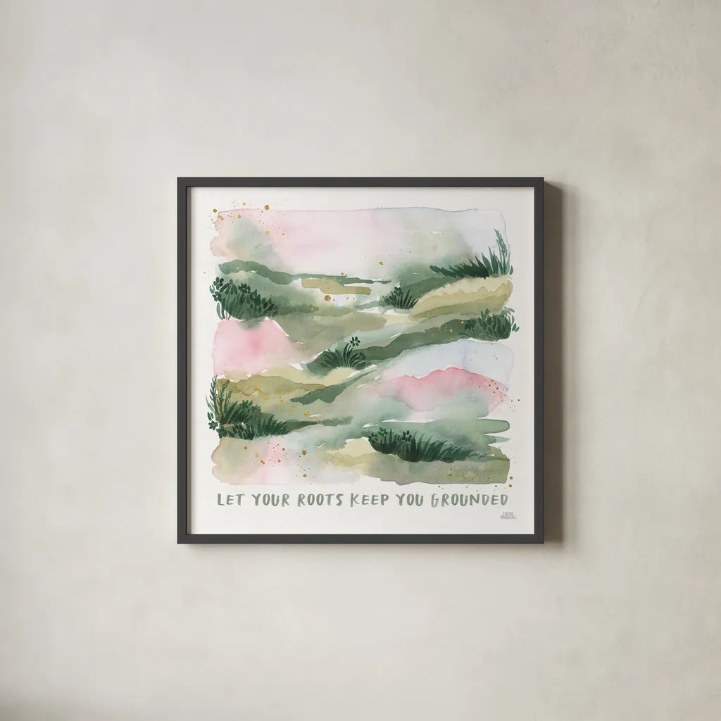 Midsummer Meadow V by Laura Marshall. Shown in a sleek black glass frame for a contemporary gallery look. Available as an archival giclee rolled canvas, fine art paper, or poster print. SKU 101334a.