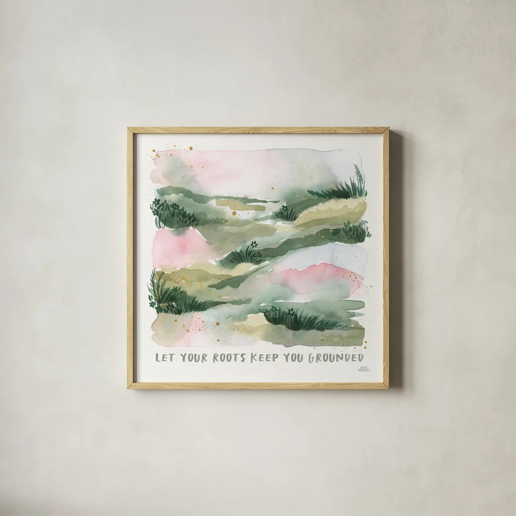 Midsummer Meadow V by Laura Marshall. Shown in a natural wood glass frame for a timeless modern aesthetic. Available as an archival giclee rolled canvas, fine art paper, or poster print. SKU 101334a.