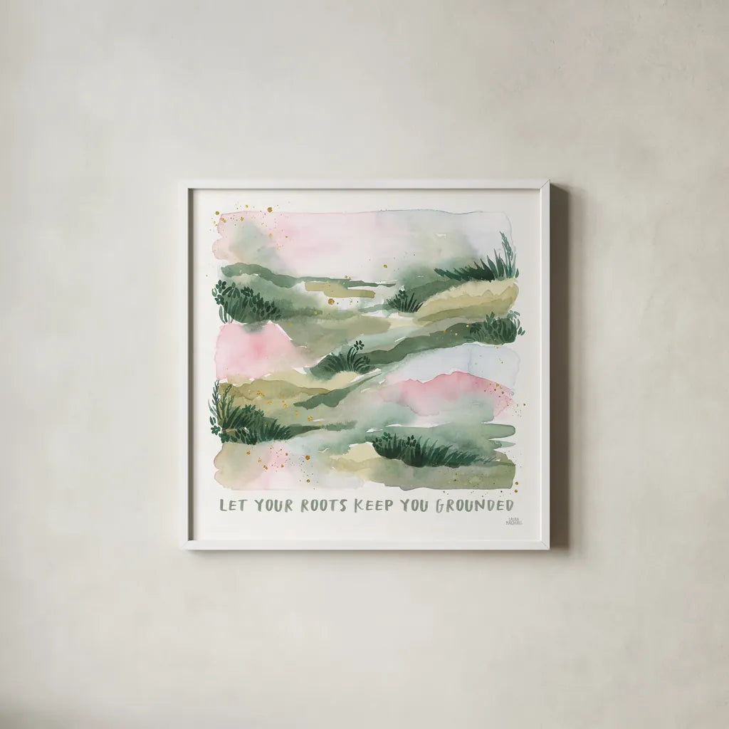 Midsummer Meadow V by Laura Marshall. Shown in a crisp white glass frame for a clean and minimalist style. Available as an archival giclee rolled canvas, fine art paper, or poster print. SKU 101334a.