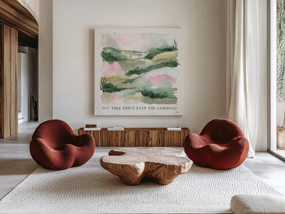 Midsummer Meadow V by Laura Marshall. Shown as extra-large giant wall art in a modern living room. Available as an archival giclee rolled canvas, fine art paper, or poster print. SKU 101334a.