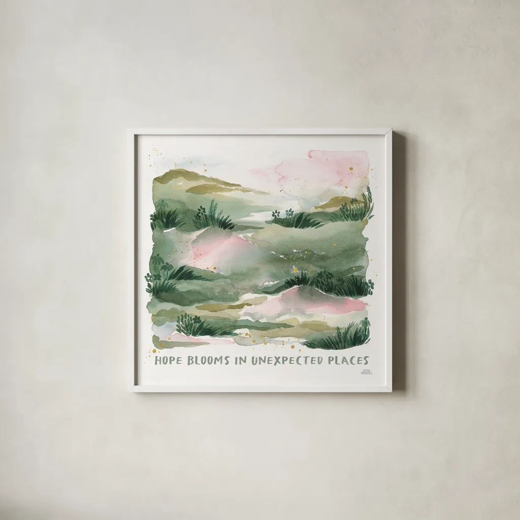 Midsummer Meadow VI by Laura Marshall. Shown in a crisp white glass frame for a clean and minimalist style. Available as an archival giclee rolled canvas, fine art paper, or poster print. SKU 101335a.