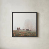 Misty Pasture by Laura Marshall. Shown in a sleek black glass frame for a contemporary gallery look. Available as an archival giclee rolled canvas, fine art paper, or poster print. SKU 68102a.