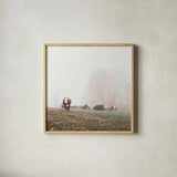 Misty Pasture by Laura Marshall. Shown in a natural wood glass frame for a timeless modern aesthetic. Available as an archival giclee rolled canvas, fine art paper, or poster print. SKU 68102a.